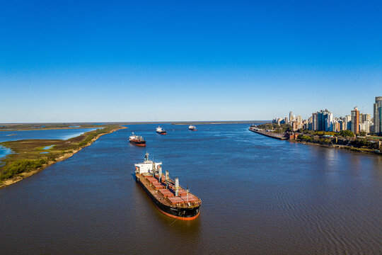 Aerial Shot over  Parana River looking in background Rosario City