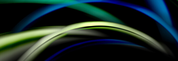 Dynamic motion abstract background. Color blurred stripes on black. Wave liquid lines poster. Vector illustration