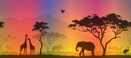 Plakat horizontal seamless background with africa nature. All animals and trees are isolated - you can clean and move them. vector illustration