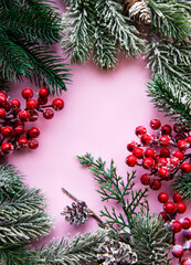 Christmas flat lay background with fir tree and decorations