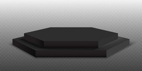 Black podium. Pedestal platform or showroom stand. Black studio stage platform