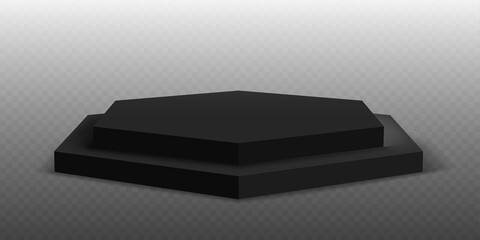Black podium. Pedestal platform or showroom stand. Black studio stage platform