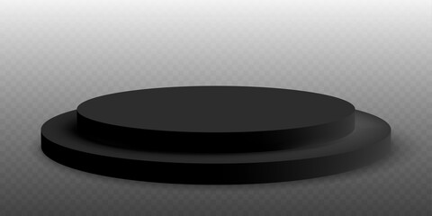 Black podium. Pedestal platform or showroom stand. Black studio stage platform