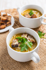 Traditional French onion soup with toasted bread croutons