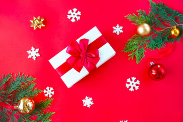 Christmas background with fir tree and decor. Top view