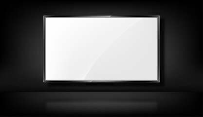 Tv panel on the black background. Realistic TV screen. 3d blank led monitor mockup