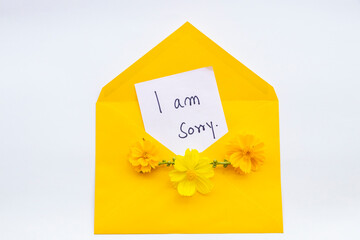 i am sorry message card handwriting in yellow envelope with yellow ,orange flowers cosmos...