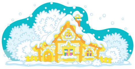 Snow-covered small wooden house from a fairytale on a snowy and frosty winter night on Christmas Eve, vector cartoon illustration isolated on a white background