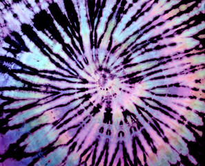 Spiral tie-dye pattern. Hippie tie dye wallpaper. Tiedye background in rainbow pastel violet, purple, pink. - 391707775