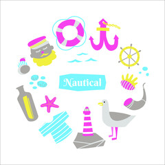 Nautical vector illustration set in circle shape with sea and ocean things in kids cartoon style isolated on white background.