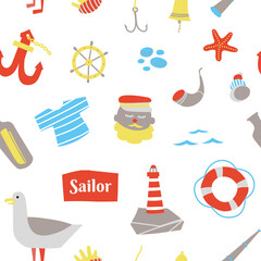 Nautical illustratiom seamless pattern with sea and ocean things in kids cartoon style isolated on white background.