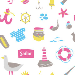 Nautical illustration seamless pattern with sea and ocean things in kids cartoon style isolated on white background.