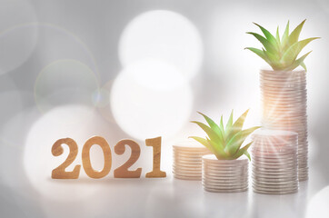 Number 2021 and stack of coins with succulents plant glowing on abstract background. Saving with return on investment concept and new year sustainable economic growth idea