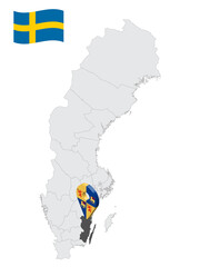 Location Kalmar County on map Sweden. 3d location sign similar to the flag of  Kalmar County. Quality map  with regions of  Sweden for your design. EPS10. © katarinanh