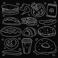 Set of hand drawn food isolated on black background, doodle set of fast food. Vector illustration