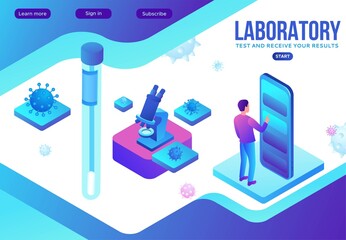 Fototapeta premium Covid-19 nasal swab test, isometric medical concept, Coronavirus vector icon, people in mask in laboratory, modern design, infographic illustration, landing page template