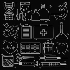 Set of Drawings Healthcare Theme Doodle Collection In Black Isolated Background