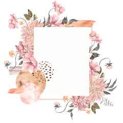 Watercolor frame with elegant flowers, leaves and abstract graphic shape, isolated on white background