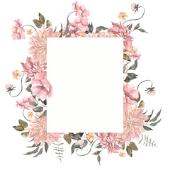 Watercolor frame with elegant flowers, leaves and abstract graphic shape, isolated on white background