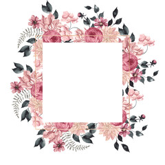 Watercolor frame with elegant flowers, leaves and abstract graphic shape, isolated on white background