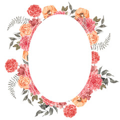 Frame with watercolor hand draw flowers and leaf, isolated on white background