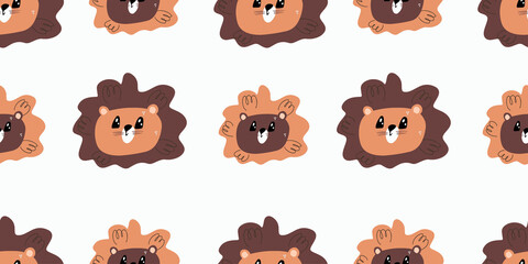 Seamless pattern with cute lion head. Decorative cute wallpaper for the nursery in the Scandinavian style. Suitable for children's clothing, interior design, packaging, printing.