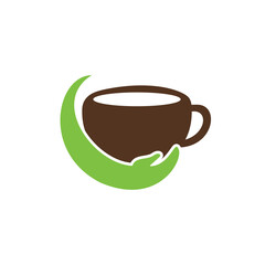 Coffee care vector logo design. Coffee cup and hand icon design.