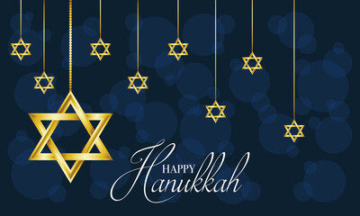 happy hanukkah celebration card with stars hanging