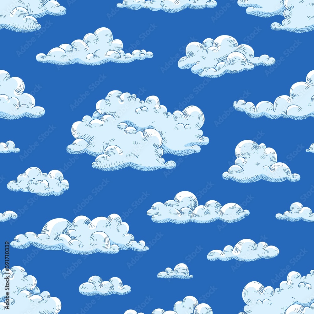 Aufkleber Seamless pattern with gorgeous natural cloudscape. Repetitive background with fluffy clouds or cury cumulus. Vector hand drawn illustration of beautiful sky view