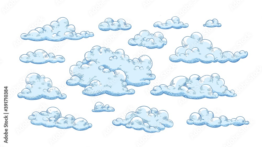 Aufkleber collection of fluffy clouds of different shapes and sizes. set of curly hand drawn cumulus isolated 