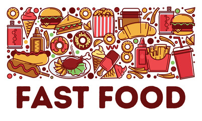 Fast food dishes and drinks, snacks and beverages