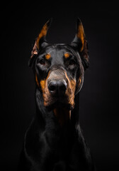 Fototapeta na wymiar Portrait of a Doberman dog on an isolated black background.