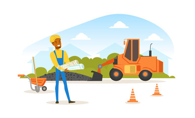 Obraz na płótnie Canvas Asphalt Road Construction and Repair, Heavy Construction Machine and Engineer in Hard Hat Standing with Architectural Plan Blueprints Rolls Vector Illustration