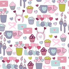 Seamless background of doodles for Valentine's day. Vector pattern of hearts, cupcakes, and mugs. Graphics. Hand drawn