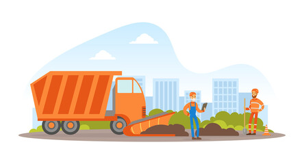 Fototapeta premium Road Works, Construction Workers in Overalls and Safety Helmets Repairing Asphalt Road, Heavy Construction Machinery Vector Illustration