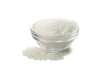 Glass bowl of salt isolated on white background