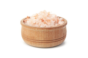 Bowl with pink himalayan salt isolated on white background