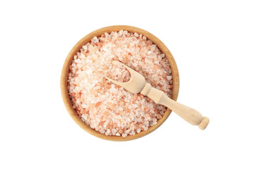 Bowl with pink himalayan salt and scoop isolated on white background