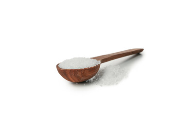 Wooden spoon with salt isolated on white background