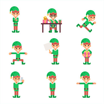 Santa claus helper elf characters set in different poses and actions icons set flat design vector illustration