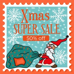 Comical strange cartoon Santa Claus pulling a huge bag of gifts - vector illustration - stamp for instagram. Xmas super-sale template