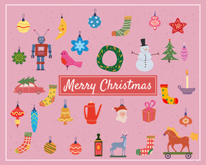 Set Christmas Retro Toys balls decorative elements. Xmas collection vintage elements baubles, toys, gift boxes, garlands, xmas trees. Vector illustration accessories for poster