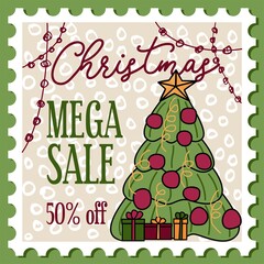 Simple Xmas cartoon illustration-stamp with christmas tree and gifts. Christmas mega sale template for instagram. Cheerful festive background