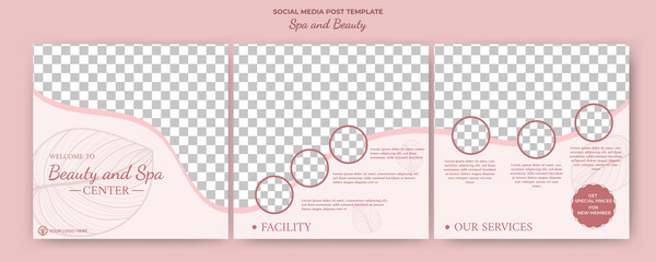 Editable square puzzle banner template. Social media post template spa and massage . Soft color with photo collage. Usable for social media feed spa and massage services.
