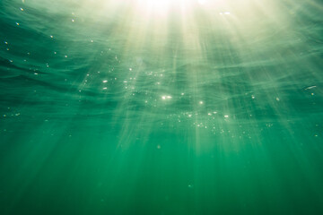 Ocean surface of the baltic sea with beautiful sun rays photographed from underwater - obrazy, fototapety, plakaty