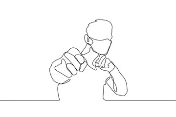 man stands in a fighting stance with his fists, the boxer is wearing a protective mask. one line drawing sportsman wrestler at the moment of attack wearing medical mask