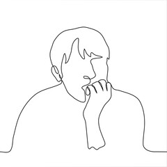 portrait of a pensive man props his chin with his palm. one line drawing of a reflective guy