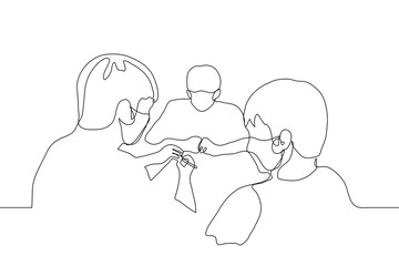 three men in mask are sitting at the negotiating table, one of them signs papers (documents). one line drawing of the signing of a contract, bureaucratic formalities