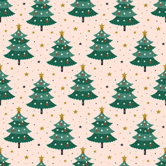 Christmas tree, decoration seamless pattern, background, texture. New year wrapping paper, print, packaging design. Winter holiday. Scandinavian style.