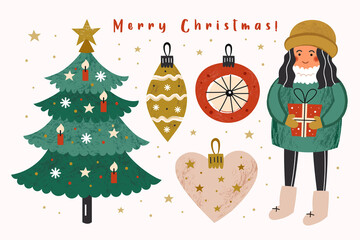 Fototapeta premium Merry Christmas clip art set of elements. Girl, presents, christmas tree, decoration. Greeting card design elements. Flat vector scandinavian design with textures.
